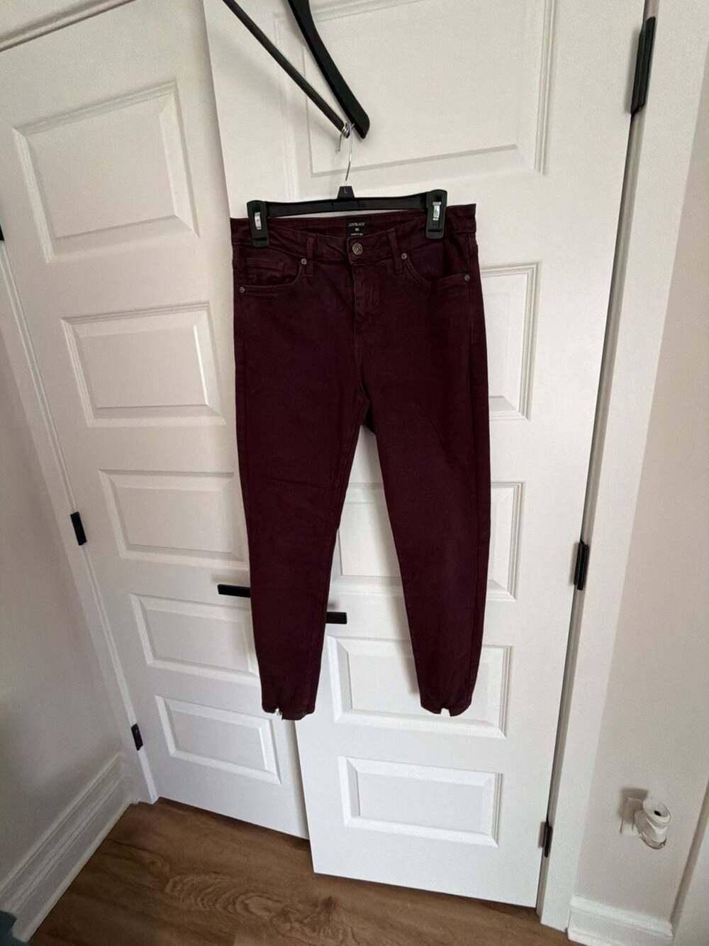 Just Black Burgundy High Rise Skinny Ankle Jeans with Distressed Hem